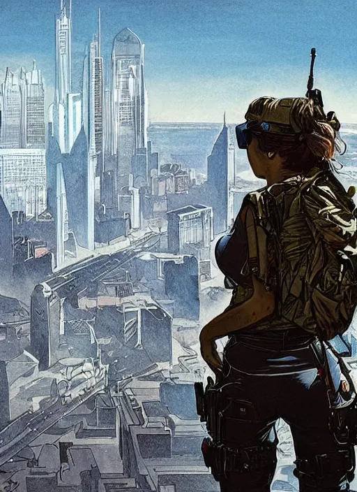 Image similar to Dinah. USN special forces operator looking at city skyline. rb6s Concept art by James Gurney and Alphonso Mucha.