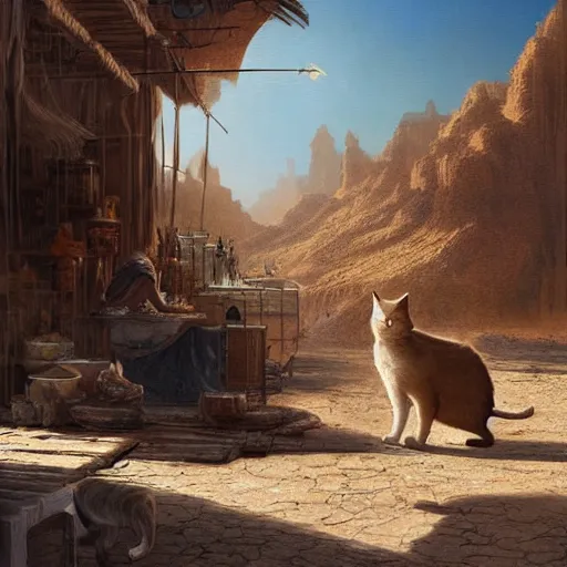 Prompt: a cat merchant in the desert ,digital art,detailed,ultra realistic,art by greg rutkowski W 640