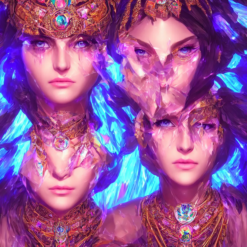 Image similar to portrait highly detailed beautiful symmetrical face high priestess intricate elegant detailed crystal jewellery with tribal feathers, lush colourful volumetric lighting, anime digital painting, concept art, smooth, sharp focus 3 d, divine realm of gods, realistic cinematic style, octane render, photographic, unreal engine 8 k