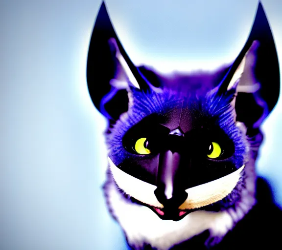 Image similar to a blue - and - black male catbat fursona with blue / green heterochromatic eyes ( differently - colored eyes, one eye green, one eye blue ) and huge bat ears, photo of the catbat streaming on his computer