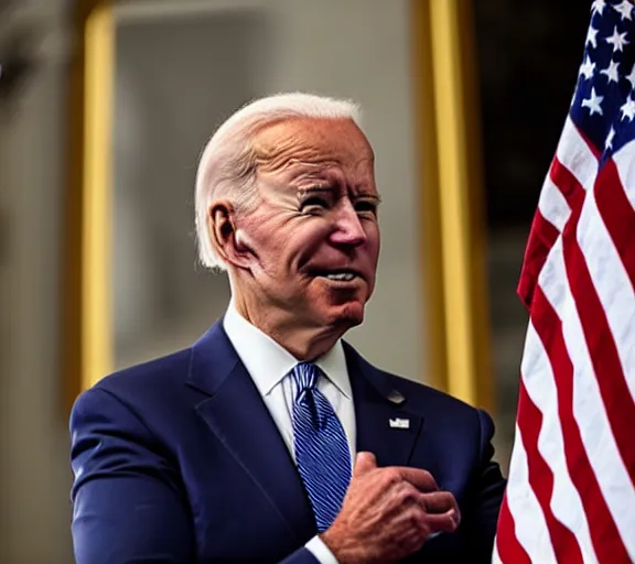 Image similar to joe Biden wearing a captain America costume, photorealistic, highly detailed, cinematic, dramatic lighting