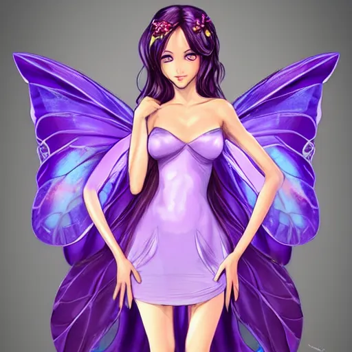 Image similar to very very very beautiful tiny fairy woman in her 20s with fairy wings wearing skintight purple dress, making eye contact, smiling, flirty, perfect body, perfect face, drawn by artgerm