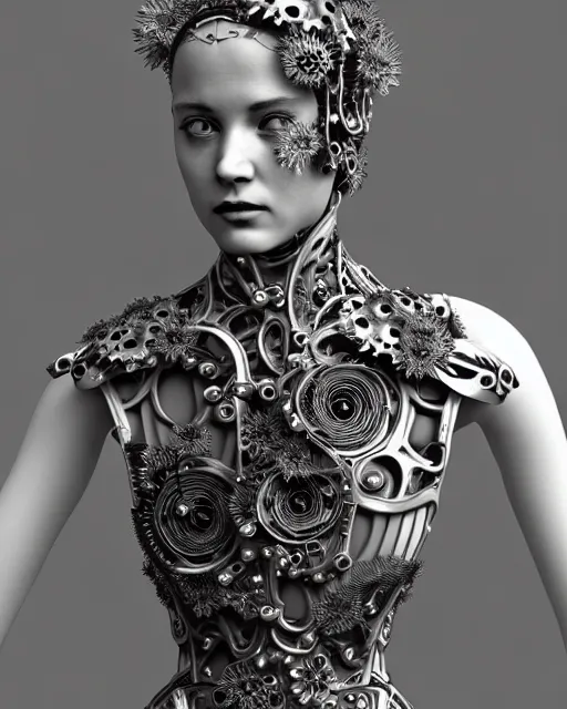 Image similar to monochrome 3 d model, 1 8 7 0 picture, silver mesh floral steampunk biomechanical beautiful young female cyborg with porcelain profile face and a techno eye, volumetric light, leaves foliage and stems, hibiscus flowers, sinuous fine roots, fine foliage lace, alexander mcqueen, rim light, big gothic fashion pearl embroidered collar, octane render, 8 k