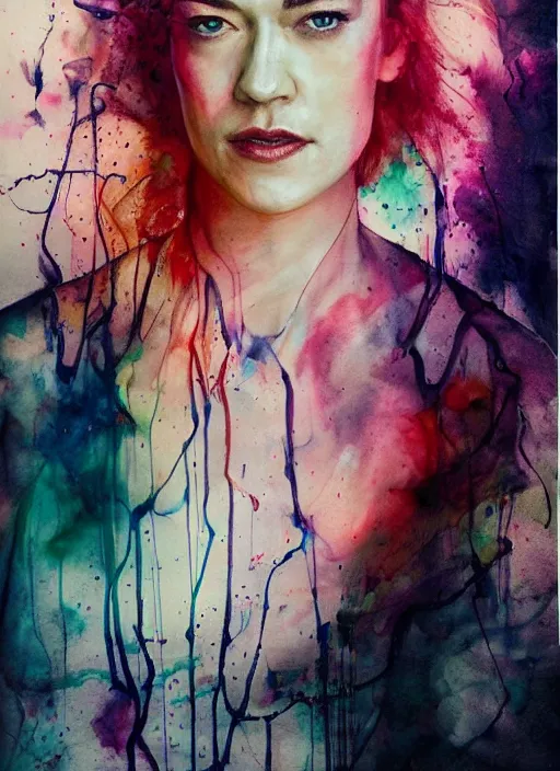 Image similar to yvonne strahovski by agnes cecile pastel light colours ink drips autumn lights