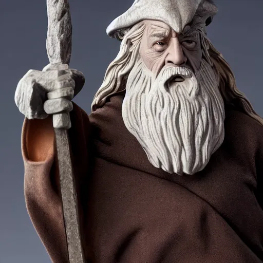 Image similar to figurine made of rough stone of gandalf with no hat. gandalf is sitting at a light - mixer, studio photo, uhd 4 k, backlight, rule of thirds