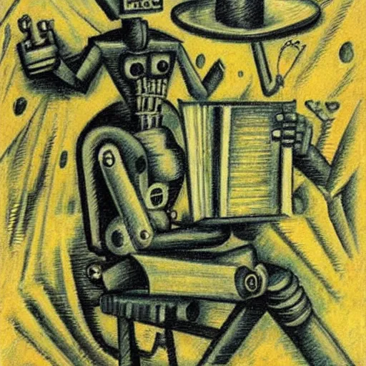 Prompt: A robot reading a book; in the style of Umberto Boccioni