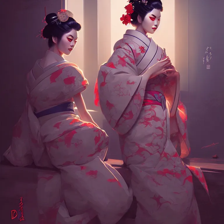 Image similar to a pretty geisha, d & d digital painting, ultra realistic, beautiful, rim lighting, cell shading, by james jean, greg rutkowski, wlop