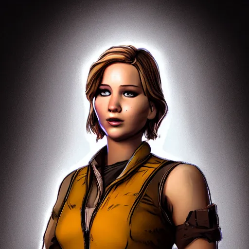 Image similar to jennifer lawrence portrait, borderlands, tales from the borderlands, the wolf among us, comic, cinematic lighting, studio quality, 8 k