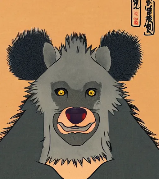 Image similar to ukiyo-e ukiyoe portrait of furry anthro anthropomorphic spotted hyena head animal person fursona wearing clothes sitting in a living room