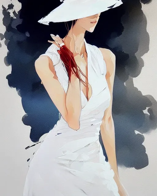 Image similar to a ultradetailed beautiful painting of a stylish woman wearing a white dress with a sun hat, by conrad roset, greg rutkowski and makoto shinkai trending on artstation