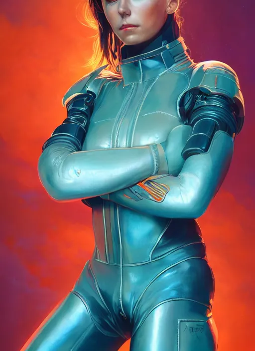 Prompt: symmetry!! dynamic pose, closeup portrait of a cyborg racer girl, leather jumpsuit, shoulder pads, cinematic light, backlight, teal orange, by gerald brom, clouds by mikhail vrubel, by peter elson, muted colors, extreme detail, trending on artstation, 8 k