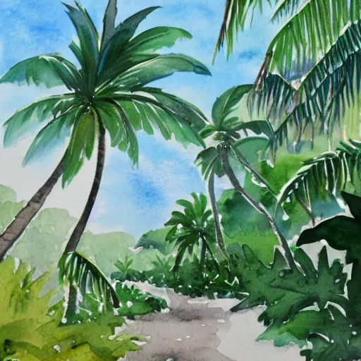 Prompt: a watercolor painting of a tropical island