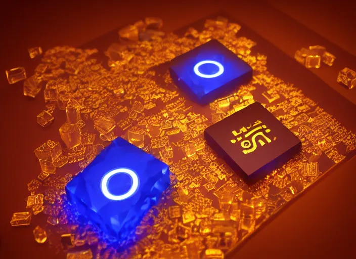 Image similar to square magic golden computer chip with runes and a glowing blue crystal in the center, mana flowing around it, product photo, hyperrealism, octane render, trending on artstation, unreal engine 5, 4 k, 8 k