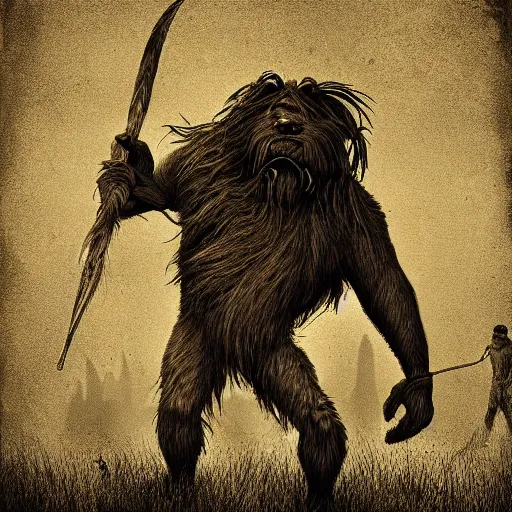 Image similar to hairy beast with club, swamp, richard kane - ferguson, sepia tone, digital illustration