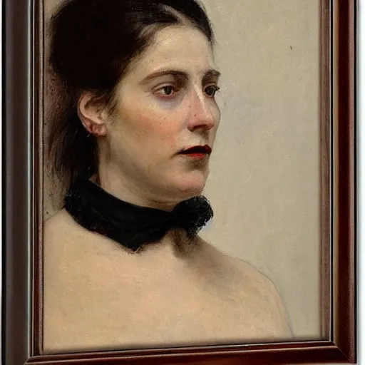 Image similar to frontal portrait of a woman with a choker and black makeup, by thomas eakins