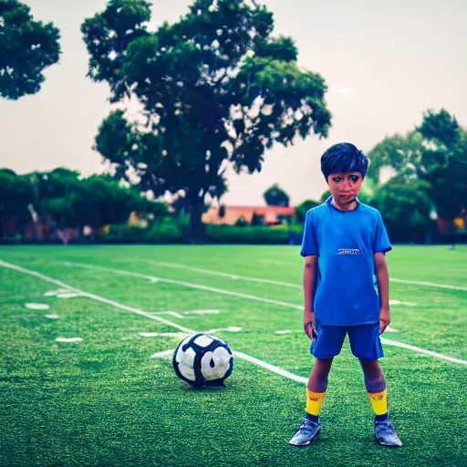Image similar to a boy standing infront of the ball before running and scoring. professional photograph, dslr, dcim, 8 k, hd