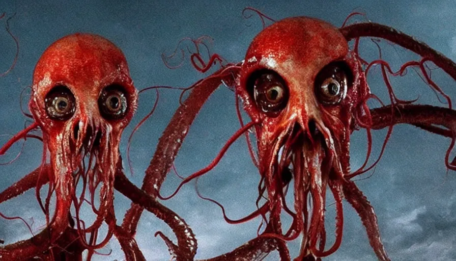 Prompt: big budget horror movie about alien squid using mind control to turn people into zombies