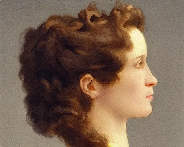 Image similar to colored portrait. a very unique profile, seen from the side, medium shot, of a woman's profile, with sharp face, a straight and very long nose, and huge prominent eyes. her hair is curly. old photograph. sharp image. watercolor. highly detailed, color harmony, art station, ornate, caravaggio style. old photography