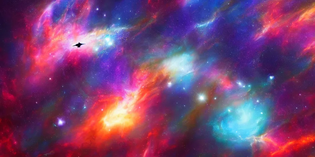 Prompt: a tall ship flying through a nebula. beautiful lighting and composition. science fiction painting. painterly, colourful. digital painting