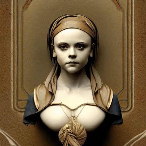 Image similar to beautiful lifelike award winning marble statue bust of christina ricci trending on art station artgerm greg rutkowski alphonse mucha museum quality cinematic atmospheric