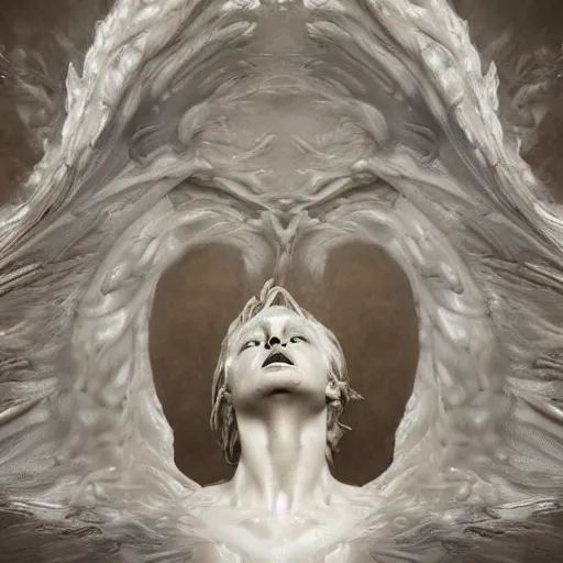 Image similar to realistic digital painting of a stunning intricate cracked white marble falling angel with face of donald trump bernini sculpture, trailing white vapor, mycelium stands and misty xparticles neutral tone background, trending on artstation, hyperrealism, matte painting, subsurface scattering