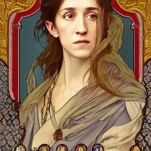 Image similar to portrait of charlotte gainsbourg as joan of arc, hyperreal digital painting, iconography influenced by alphonse mucha and eugene delacroix, arstation and deviantart trends, high resolution 8 k