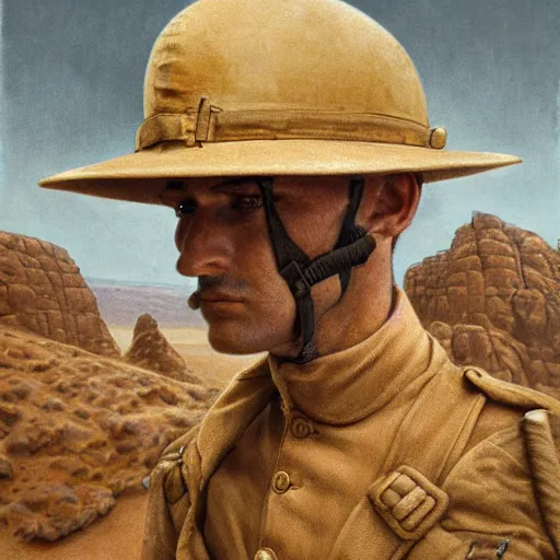 Image similar to a detailed photorealistic sepia - toned color portrait painting of a 1 9 1 7 worried clean - shaven british lieutenant in detailed field gear wearing a finely - detailed pith helmet in wadi rum, ultra realistic, intricate details, atmospheric, dark, horror, brooding, highly detailed, by clyde caldwell