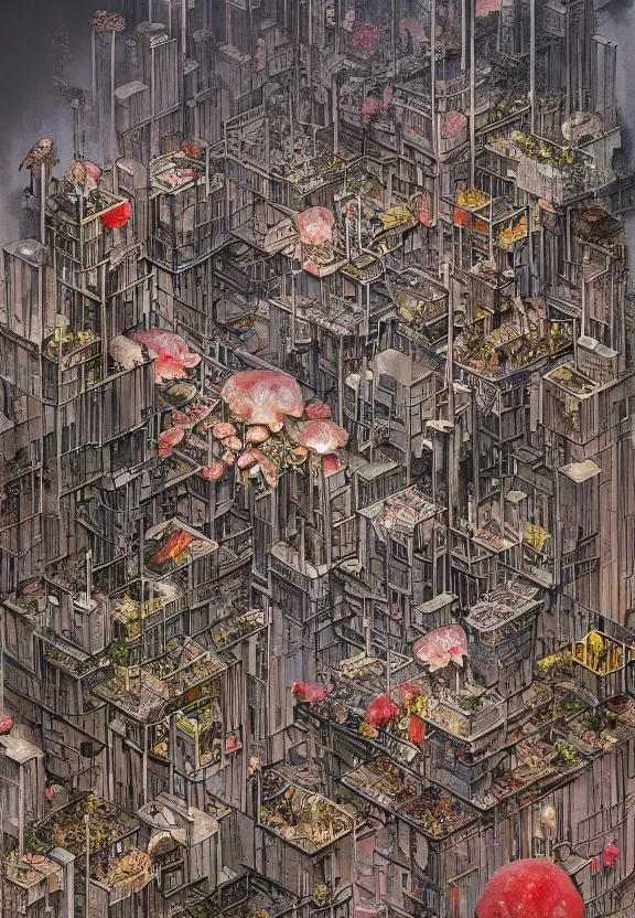 Image similar to [Underground city with checkered!! flags, brutalism! and little mushrooms. Propaganda!!! poster!!!!!, intricate, elegant, highly detailed, digital painting, artstation, concept art, matte, sharp focus, illustration, art by Enki Bilal and Moebius]