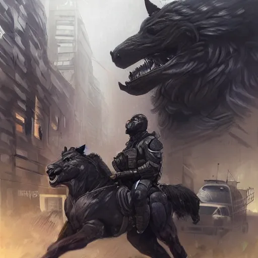 Prompt: a massive musclebound black - furred male anthro horse wearing a tactical outfit in a city warzone, absurdly muscular physique, highly detailed, digital painting, artstation, sharp focus, smooth, concept art, illustration, art by artgerm, greg rutkowski, wlop