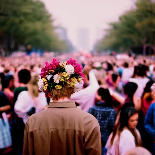 Prompt: kodak portra 4 0 0 photograph of a skinny blonde guy standing in a crowd, back view, flower crown, moody lighting, moody vibe, telephoto, 9 0 s vibe, blurry background, vaporwave colors, faded!,