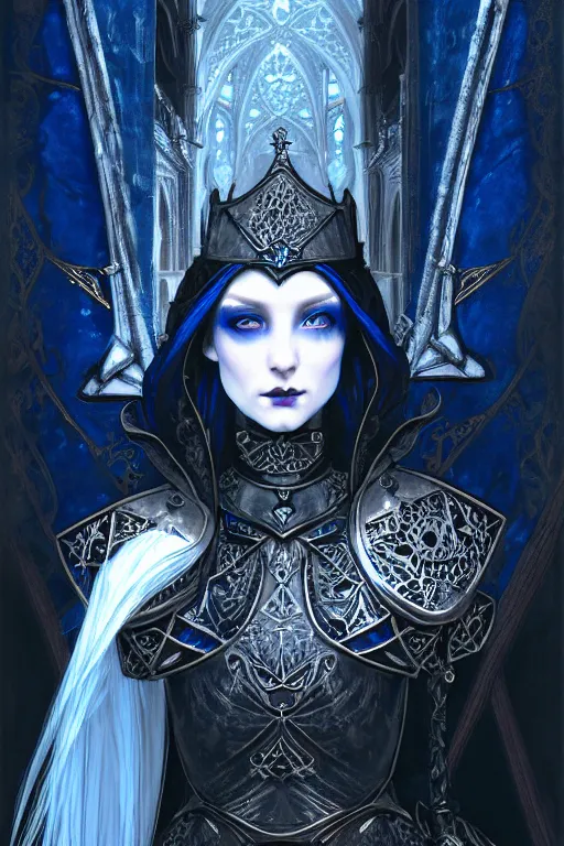 Image similar to beautiful luxury and gothic and victorian and evil medieval female blue & white armor knight portrait+smoky eyes+light flowing hair, in ruin gothic cathedral, ultradetail face, art and illustration by tian zi and craig mullins and WLOP and alphonse mucha, fantasy, intricate complexity, human structure, fantasy world concept, watermark, blurry, hyperrealism 8k