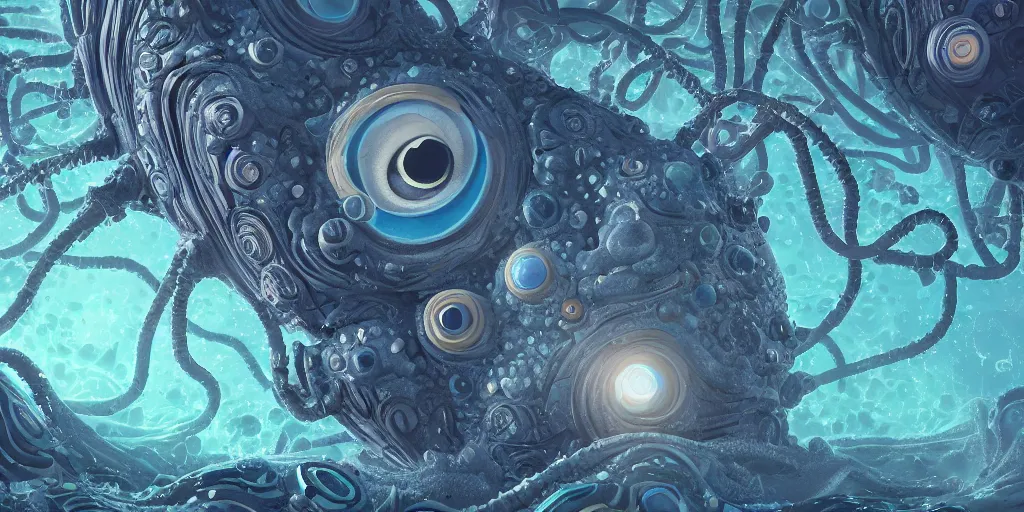 Image similar to of an intricate deep sea with strange cute friendly happy creatures with huge eyes, long tongue, round teeth and goofy funny face, appearing from the background, in the style of gehry and gaudi, macro lens, shallow depth of field, ultra detailed, digital painting, trending artstation, concept art, illustration, cinematic lighting, photorealism, epic, octane render