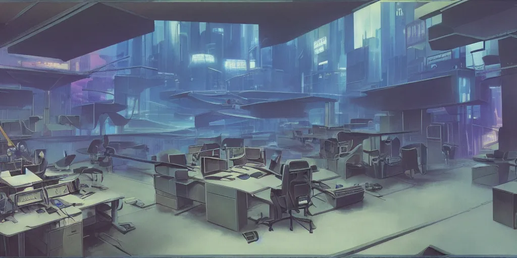 Prompt: a dystopian cyberpunk office interior with huge holographic displays everywhere, ralph maquarrie and syd mead cinematic matte painting, 4 k