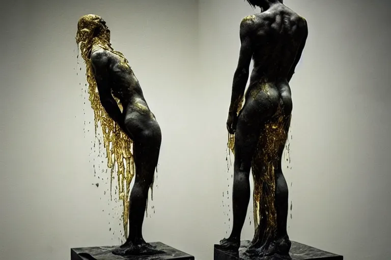 Image similar to a sculpture of a person with flowing golden tears, a marble sculpture by nicola samori and beksinski, behance, neo - expressionism, marble sculpture, apocalypse art, made of mist