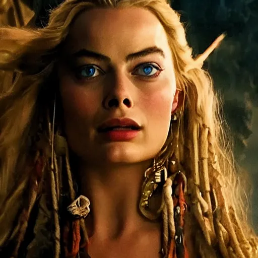 Image similar to stunning awe inspiring margot robbie as a pirate in pirates of the caribbean, movie still 8 k hdr atmospheric lighting