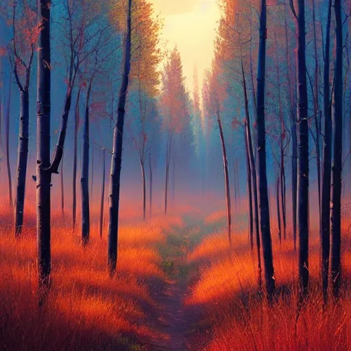 Image similar to beautiful painting of an Aspen forest at sunset, digital art, award winning illustration by greg rutkowski, golden hour, smooth, sharp lines, concept art, trending on artstation