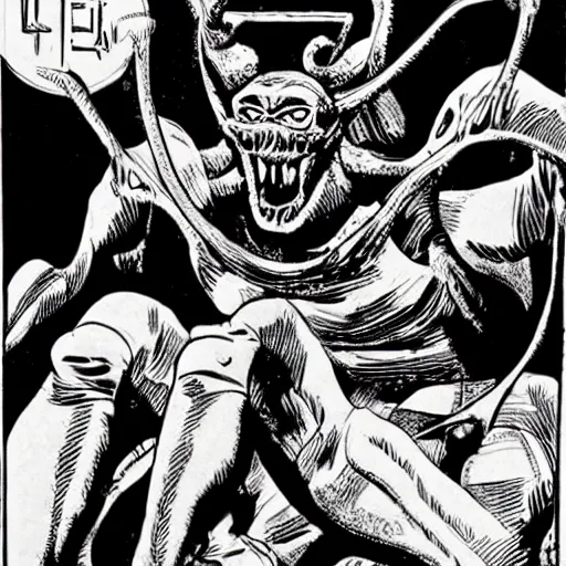 Prompt: Beetle as monster by Wally Wood