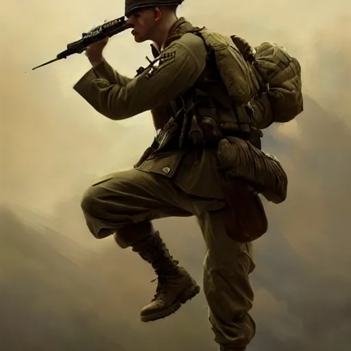 Image similar to a dramatic epic ethereal portrait of a WWII soldier, full body with dynamic pose, male, detailed face, cinematic lighting, highly detailed oil on canvas painting by Greg Rutkowski, winning-award digital art trending on Artstation H 1024 W 832