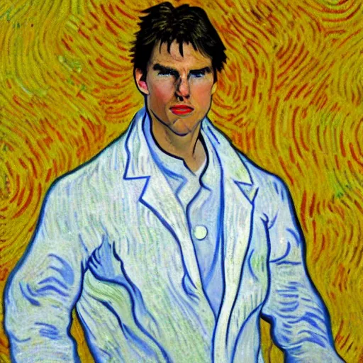 Image similar to Tom Cruise in white lab coat by Van Gogh