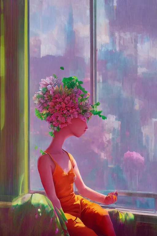 Prompt: closeup, huge flower head, woman sitting on lounge chair by a tall window, surreal photography, studio light, impressionist painting, digital painting, artstation, simon stalenhag