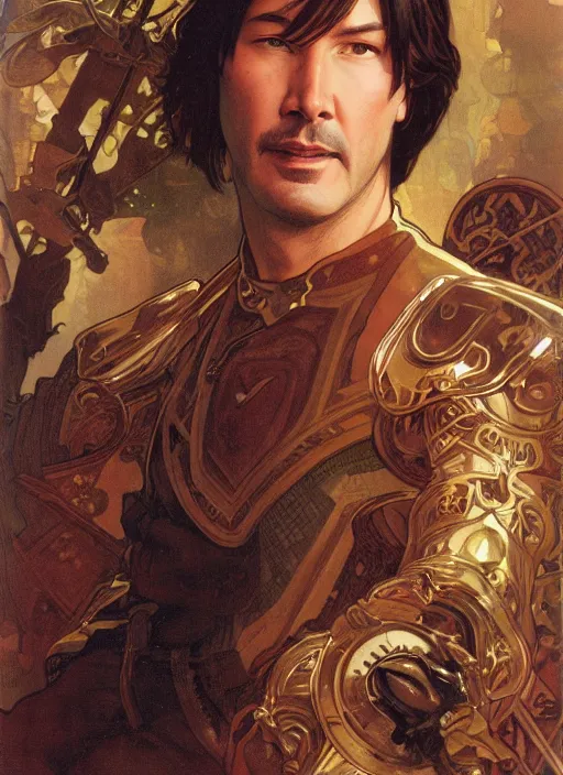 Image similar to keanu reeves in the slumps brown skin golden hair brown leather armor high fantasy dnd smooth sharp focus illustration by rossdraws, alphonse mucha frank fanzzeta