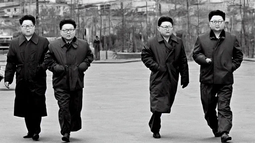 Image similar to kim jong - il walking in 1 9 6 0 s pyongyang, film noir thriller in the style of orson welles and andrei tarkovski