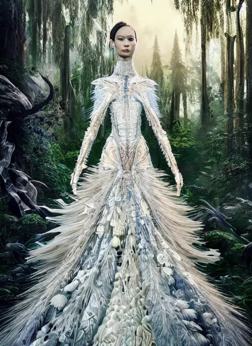 Image similar to a beautiful hyperrealistic ultradetailed 3D, one girl in a magnificent McQueen couture clothes on the background of a futuristic forest, Designer clothes, futuristic clothes, clothes from the future, biopunk, voge photo, fashion style, fullbody, in full growth, intricate, elegant, highly detailed, artstation, concept art, smooth, sharp focus, illustration, art by and greg rutkowski and orientalism and bouguereau and Zdzislaw Beksinski, good clear quality, lighting,