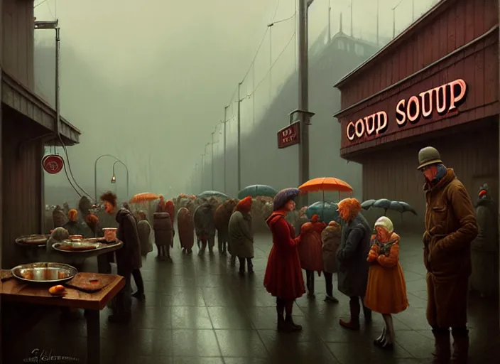 Prompt: waiting in line for cold soup by simon stalenhag and gil elvgren and tom bagshaw, highly detailed, hyperrealism, dreary, cold, cloudy, grey, rich vs. poor, high contrast