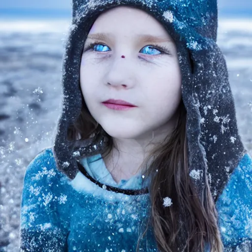 Prompt: ice dust around a frozen girl with white hair and blue eyes on the seashore