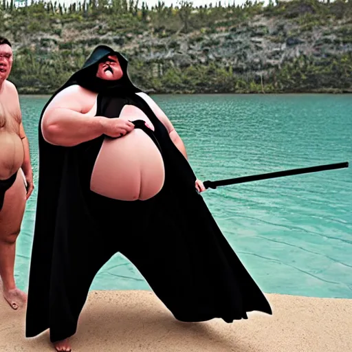 Image similar to a morbidly obese man in swimwear as a sith lord