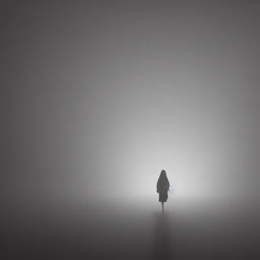 Prompt: dim lights shining through dark fog, emptiness, silhouette of a girl standing small, skirt, spooky found footage, dramatic contrast, vast empty hall, trending on artstation