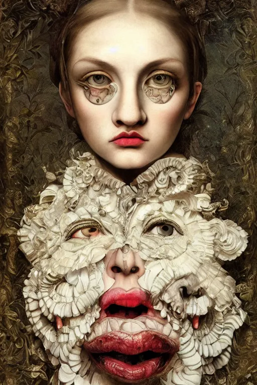 Image similar to Detailed maximalist portrait with large lips and with large white eyes, angry expression, HD mixed media, 3D collage, highly detailed and intricate surrealism, illustration in the style of Caravaggio, dark art, baroque