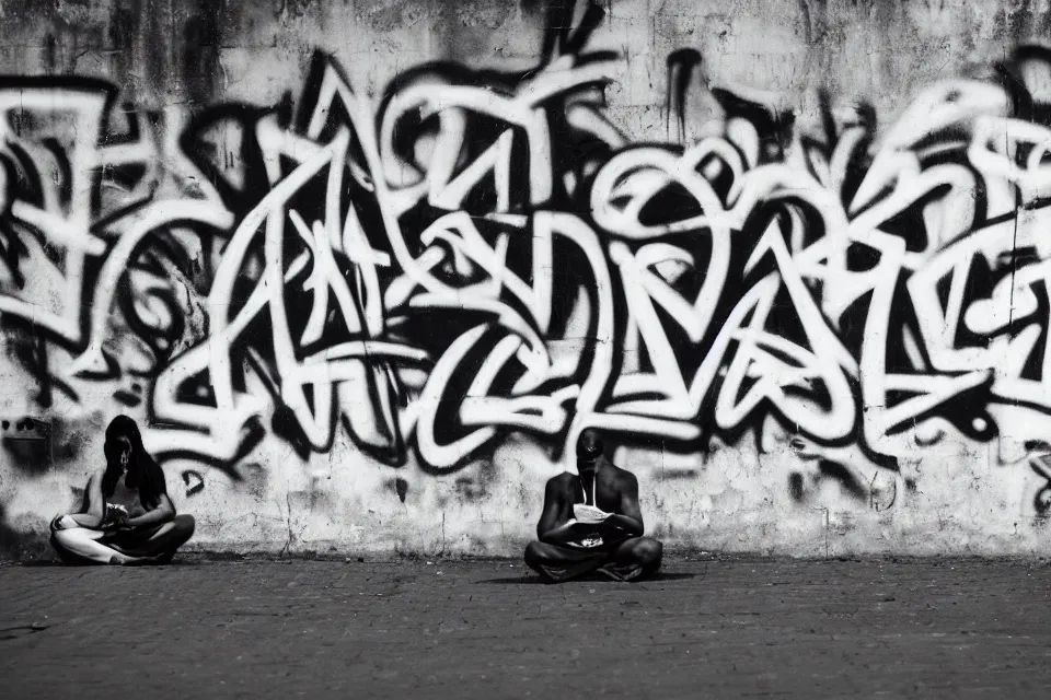 Prompt: black and white photograph of graffiti showing a person meditating