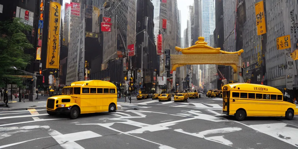 Prompt: Yellow school bus, driving towards a red japanese Torii gate at New York location in USA, ray tracing